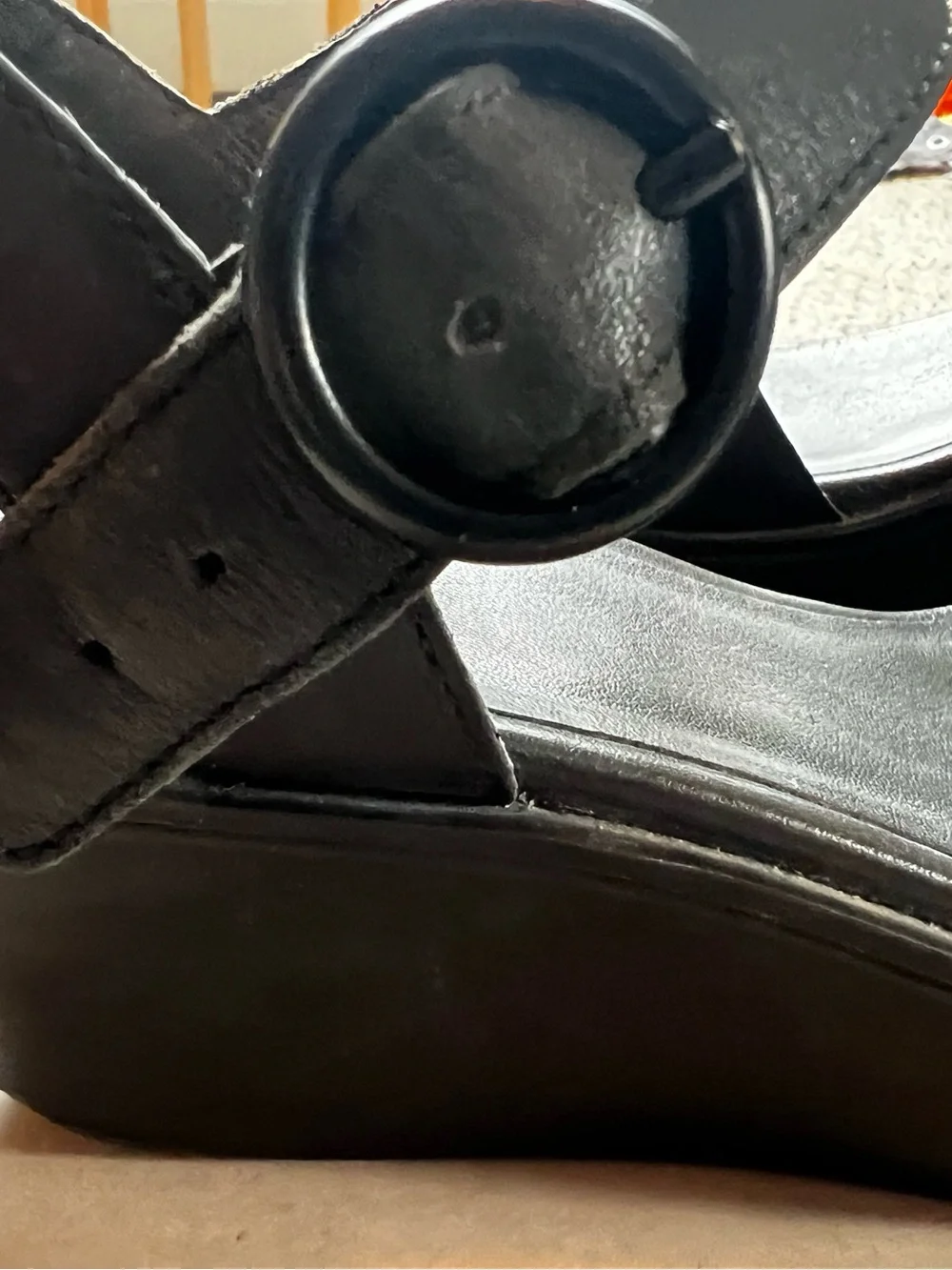 Camper Black Leather Wedge Sandals with Buckle Strap